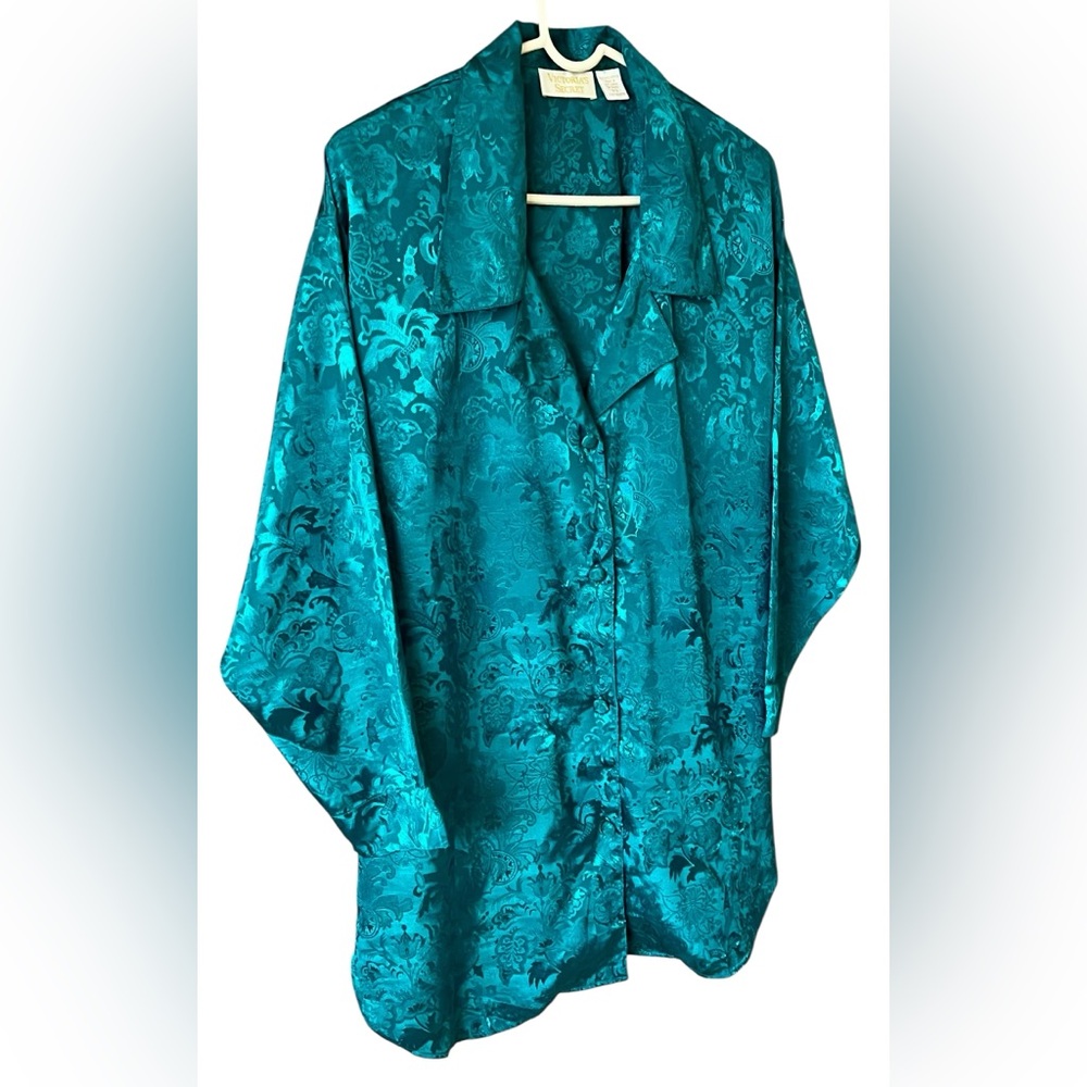 Vintage Victoria's Secret Gold Label Emerald Floral Damask Satin Sleep Shirt - Picture 4 of 10